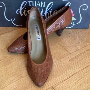 Ipanema wood colored woven leather 2.5” heels.  Size 8.5M